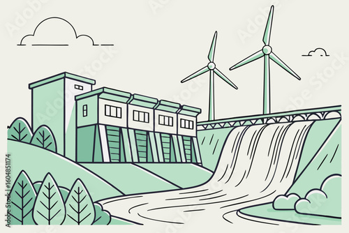 Illustration of a hydroelectric dam with wind turbines and a flowing river in a green landscape view
