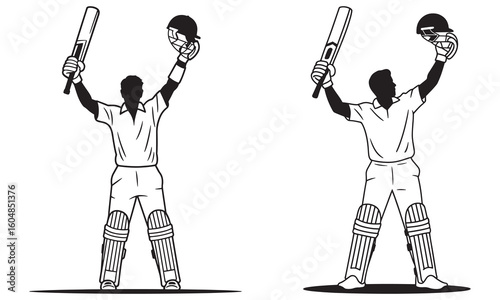 Cricket player celebrating victory holding bat and helmet aloft batsman celebration