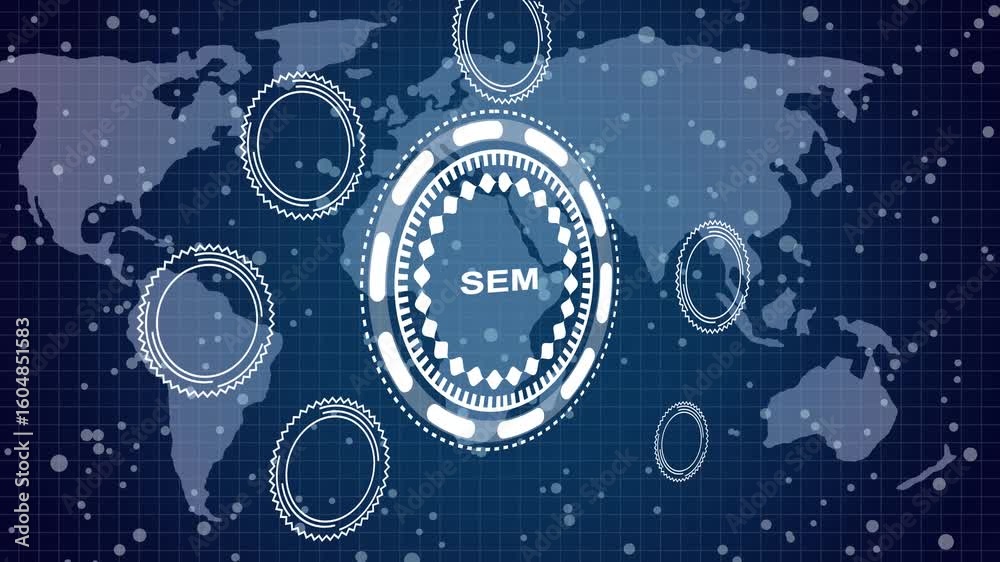 A SEM concept button on a clear projection ,Business, Technology and network concept. Animated Dynamic wave of color particles. 3d animation and grid maps background.