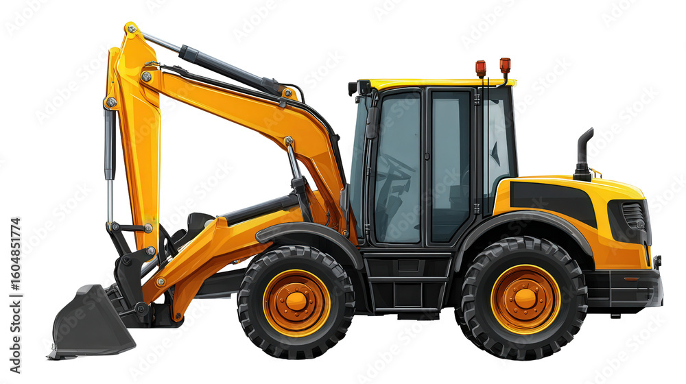 Fototapeta premium Backhoe Icon: Icon of a backhoe, used for digging and moving earth on construction sites, isolated on a Transparent background, PNG file.