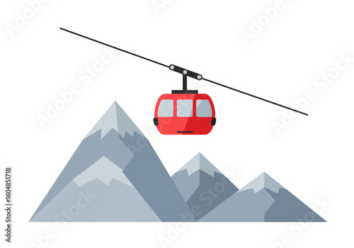 Red Cable Car Gondola Suspended Above Mountain Peaks.