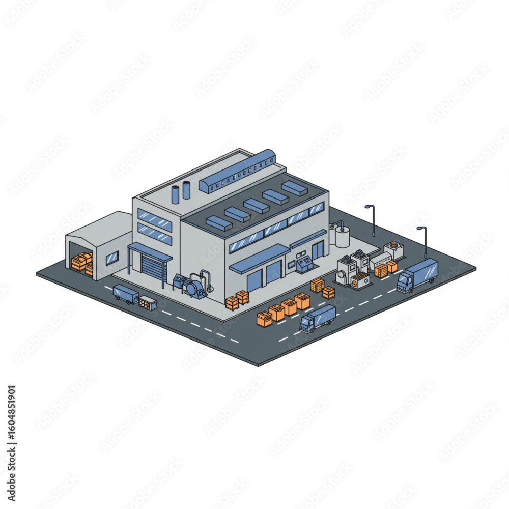 Obraz premium Modern industrial factory complex with trucks and loading docks, showcasing manufacturing and logistics operations.