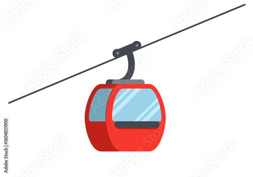 Red Cable Car with Blue Windows on a Black Cable Line.