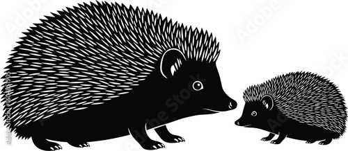 Silhouette of cute hedgehog family, black and white illustration, wildlife art, nature drawing, adorable animals, spiky texture, vector design