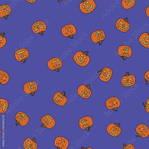 Spooky Jack o Lanterns Tossed in a Non Directional Pattern on a Halloween Purple Background creating a seamless pattern print