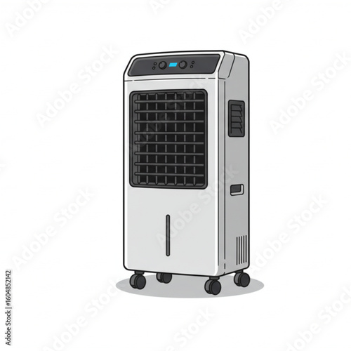 Modern portable air cooler with digital display and wheels, offering refreshing cool air for any room.