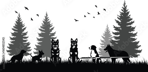 Silhouette of dogs walking through pine forest with birds flying, tranquil wildlife scenery, nature harmony, peaceful pet companionship outdoor concept