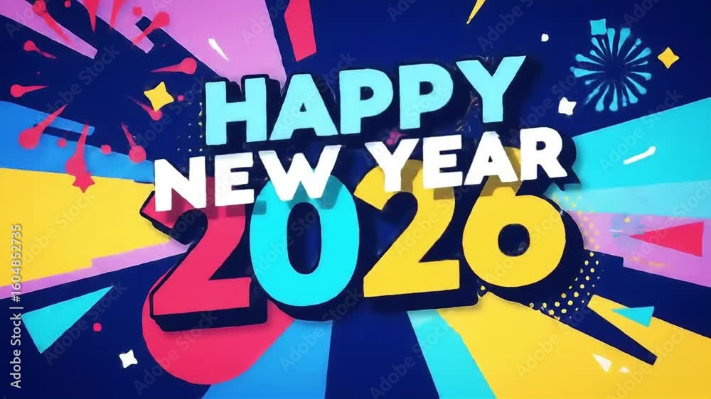 Happy New Year 2026 Animated Graphic Background with Colorful Text and Fireworks