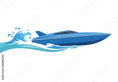 Sleek Blue Speedboat Gliding Through Water with Dynamic Waves.