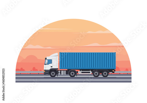 White Semi-Truck Hauling a Blue Shipping Container on Highway.
