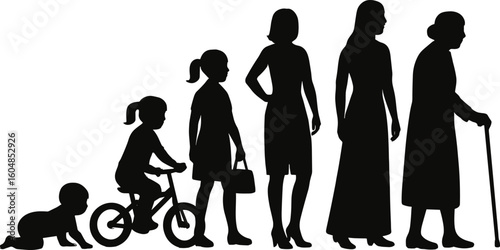 Silhouette of female life stages, crawling baby to elderly woman with cane, growth, aging, development concept, family journey, vector art