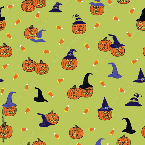 Spooky Jack o Lanterns Candy and Witch Hats on a Halloween Lime Green Background creating a seamless pattern print