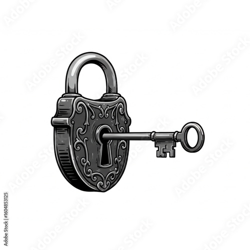 Unlocking vintage ornate padlock with antique key, vintage security concept
