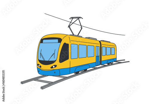 Cartoon Yellow and Blue Tram with Overhead Electrical Lines on Tracks.