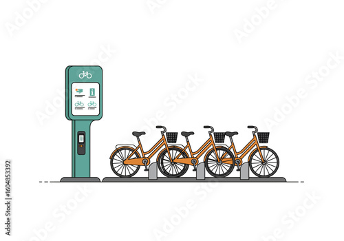 Parked Orange Bikes at a Public Bicycle Station.