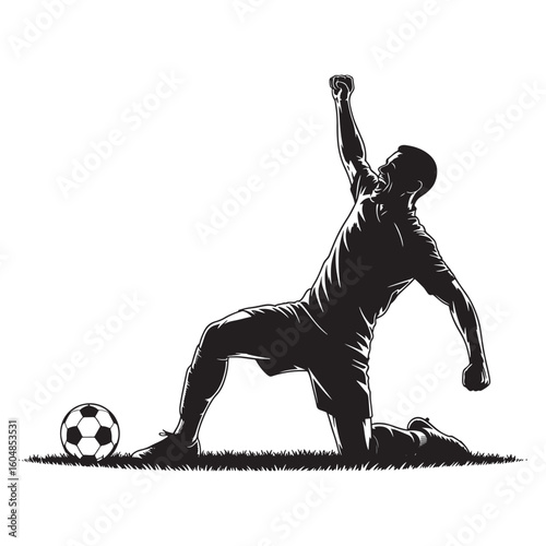 Silhouette of a triumphant soccer player on his knees with a ball football victory