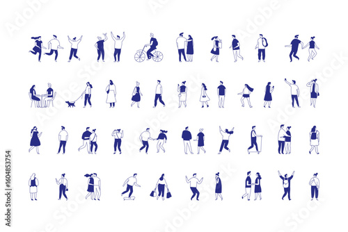 Minimalist vector illustration of diverse people silhouette walking, talking, shopping, and interacting in everyday life. Simple outline style for modern lifestyle and urban concepts.