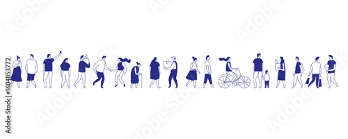 Long horizontal blue vector set of modern characters walking, talking, taking selfies, and cycling, perfect for banners, websites, and infographics.