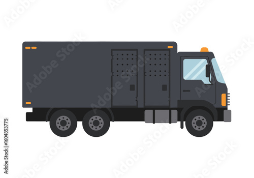 Dark Gray Prisoner Transport Truck with Perforated Doors and Orange Lights.
