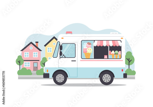 Adorable Pastel Ice Cream Truck with Striped Awning Displaying Colorful Cones.