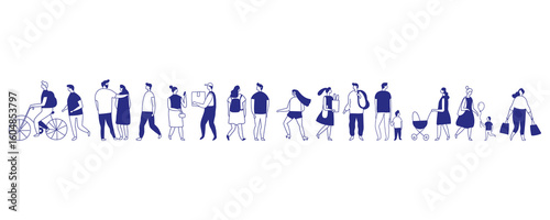 Minimalist Blue line vector set of human silhouettes depicting casual walking, chatting, cycling, and family moments, ideal for editorial, infographics, and UI