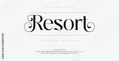 Resort Classy elegant font, vintage type or luxury premium typeface, vector English royal alphabet. Classic typography in modern or old art deco style, serif letters for modern or retro poster font
