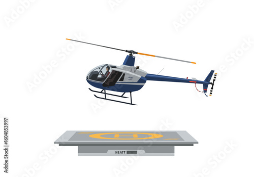 Blue and White Helicopter with Pilot Flying Above Helipad Vector Illustration.
