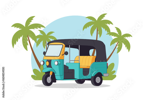 Colorful Cartoon Auto-Rickshaw in Tropical Setting.
