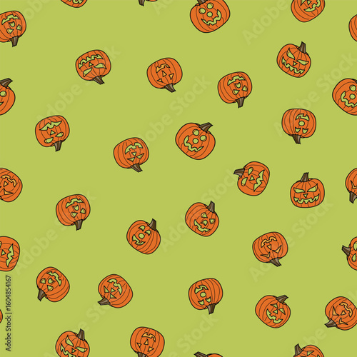 Spooky Jack o Lanterns Tossed in a Non Directional Pattern on a Halloween Lime Green Background creating a seamless pattern print