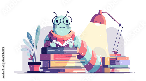 A cartoon caterpillar wearing glasses and a scarf sits on a stack of books, reading in the light of a lamp, with a plant nearby.