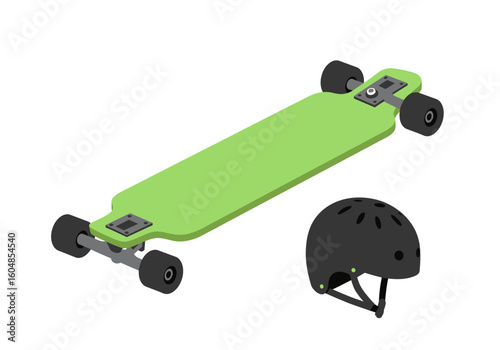 Green Longboard Skateboard with Protective Helmet.