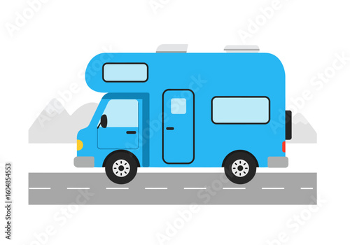 Cartoon Blue Campervan Driving on Road Simple Vector Illustration for Travel.
