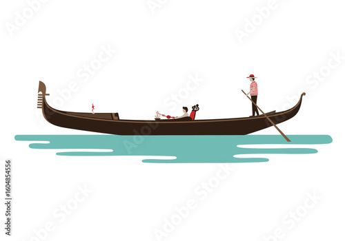 Gondola with Passengers and Gondolier on Turquoise Water Vector Illustration.