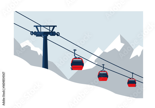 Red Gondola Lift Ascending a Snowy Mountain Supported by a Tower.