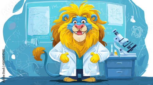 Cartoon lion scientist with lab coat in the laboratory surrounded by scientific equipment, diagrams and illustration drawings.
