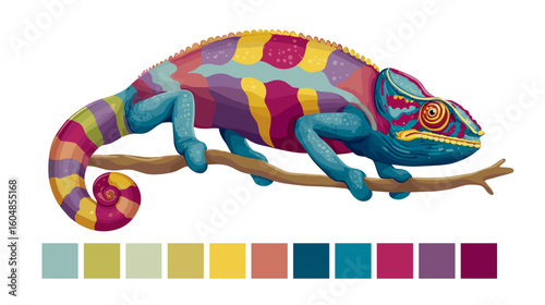 A vibrant chameleon rests on a branch, displaying a colorful array of patterns across its body, blending nature with artistic expression.
