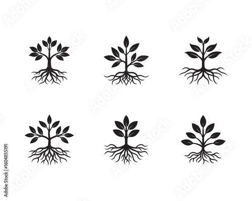 Collection of Tree and Root Logos Black and White Minimalist Designs for Nature Conservation and Sustainability Initiatives
