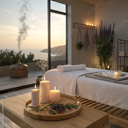 Serene spa interior with ocean view and lit candles massage table