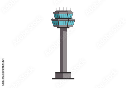 Airport Control Tower: Gray Structure with Teal Windows.