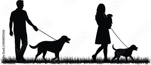 Silhouette of people walking dogs in grassy field, peaceful nature moment, outdoor pet activity, black and white minimalist illustration