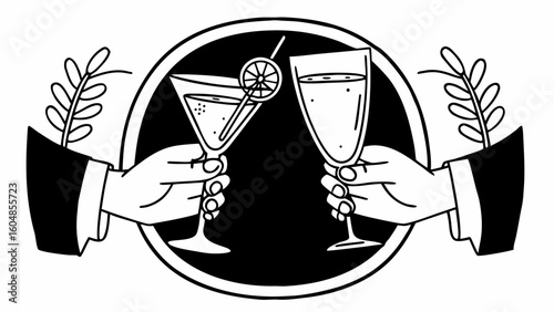 Two hands in suits toasting with a martini and a champagne glass in a celebratory black and white scene created with generated ai