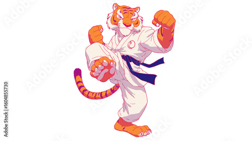 A tiger dressed in a martial arts uniform is mid-kick, displaying a blend of animal power and human discipline in a stylized setting.