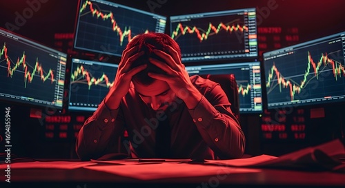 Stressed stock trader in despair during a financial market crash, clutching head in front of monitors showing a downtrend