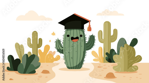 Celebratory cactus with graduation cap, amidst a desert landscape symbolizing growth, achievement, and the journey of learning.  