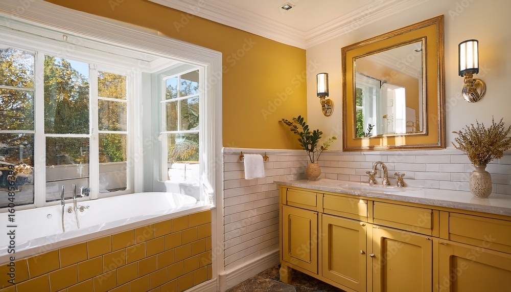 Fototapeta premium a bathroom with mustard wainscoting and white tile walls above blending contemporary and classic styles