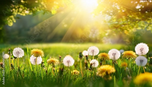 sunbeams illuminate dandelions on a green lawn in a spring garden fantastic photo wallpaper © Vaughn