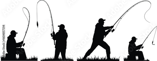 Silhouette of two fishermen casting rods in water, outdoor recreation scene, angling activity, nature landscape, black vector illustration design
