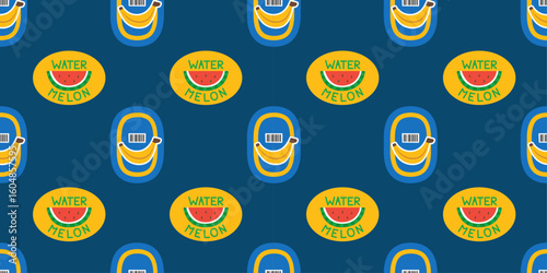 Seamless pattern with retro fruit labels featuring bananas and watermelons on a dark blue background. Ideal for packaging, fabric, and branding projects. Fun, nostalgic, and summery fruit design.
