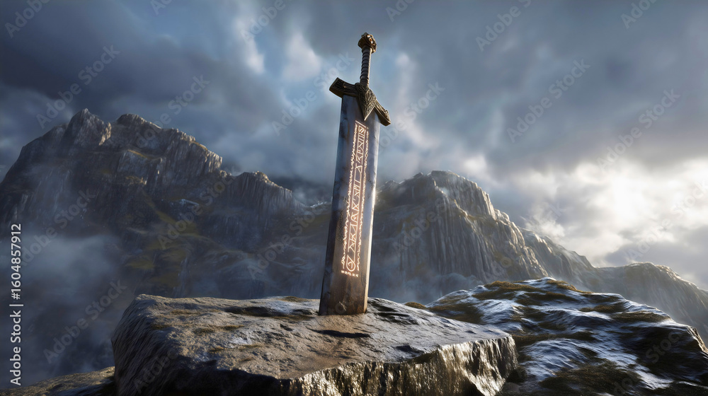 Obraz premium A runic magical sword embedded in stone, a sword emitting a red glow a magical sword. 