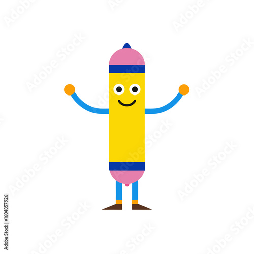 cartoon pencil with a smiley face and arms isolate